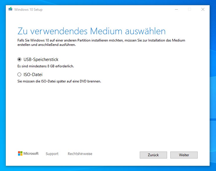 Microsoft Media Creation Tool Auswahl des Mediums