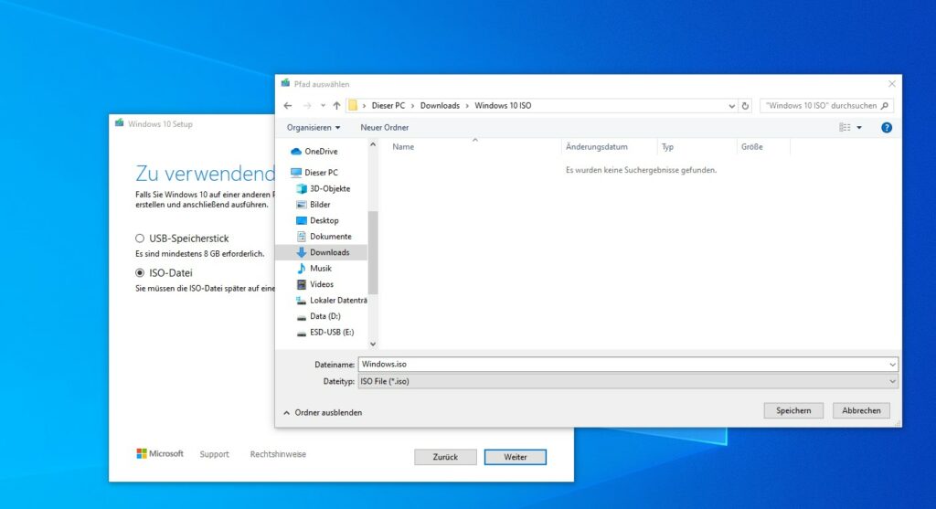 Microsoft Media Creation Tool Speichern der ISO Datei