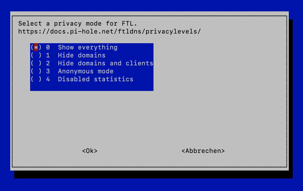 Pi-hole Privatsphäreeinstellungen