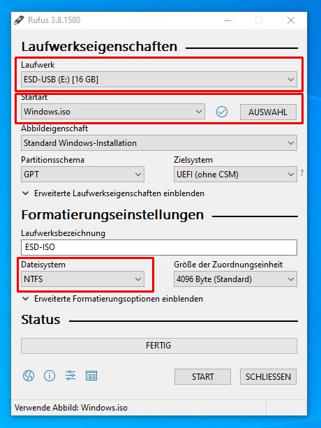 Rufus Einstellungen