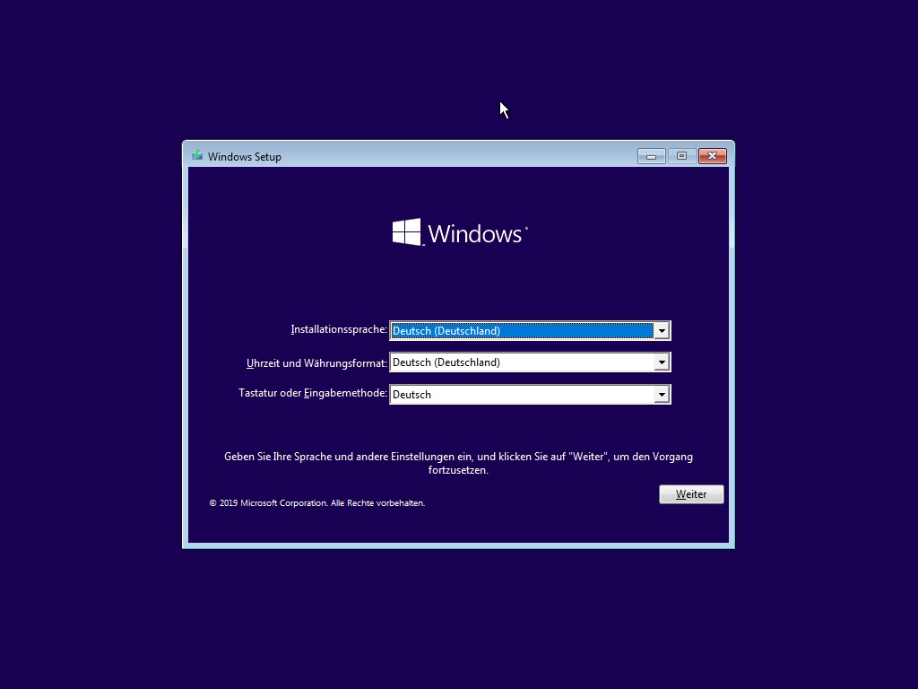 Windows Installation Sprachauswahl