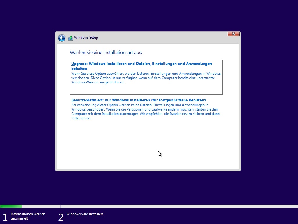 Windows Installationsart Maske